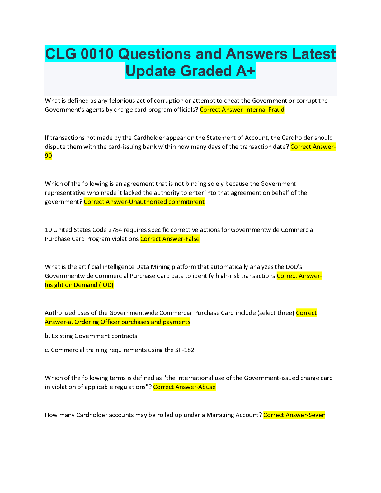 Preview image for CLG 0010 Questions and Answers Latest Update Graded A+